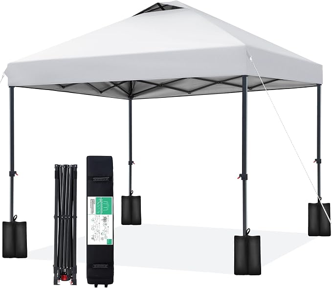 JEAREY 10x10 ft Pop Up Canopy Tent, Heavy Duty Outdoor Canopy with 1-Push Instant Setup, Commercial Tent with Roller Bag, 4 Sandbags and 8 Stakes, Water-Resistant, Off-White