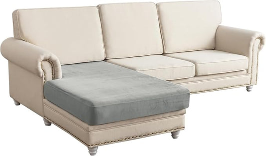 Couch Cover Velvet Chaise Cushion Cover for Sectional Sofas - Elastic L-Shaped Sofa Seat Covers Washable, Slipcover Protector (1-Piece, Light Grey)