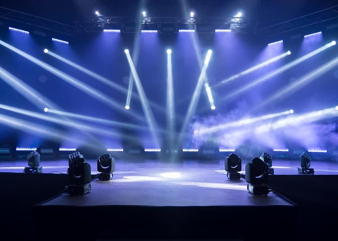 BELECO 15x10ft Night Blue Polyester Fabric Music Concert Stage Backdrop with Spotlights for Live Shows, Festivals, Parties & Photo Booths