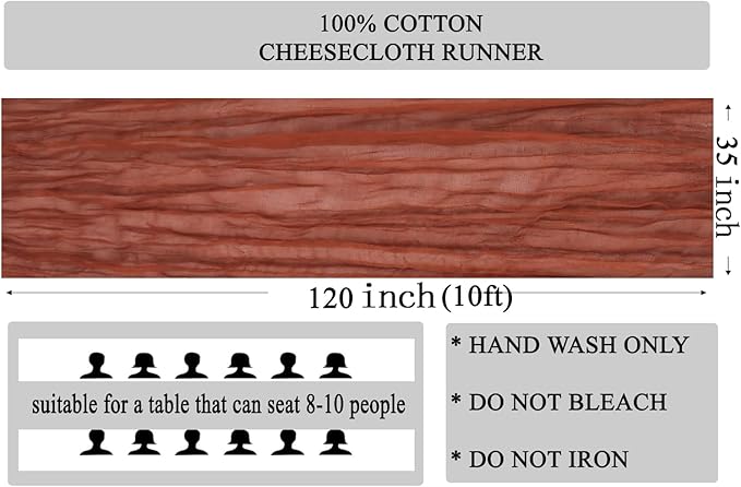 MDS Pack of 12 Cheesecloth Table Runner 35x120 Inch, 10FT Long Gauze Cheese Cloth Table Runner for Wedding Party Birthday Bridal Shower Farmhouse Garden Boho Rustic Table Decoration - Terracotta