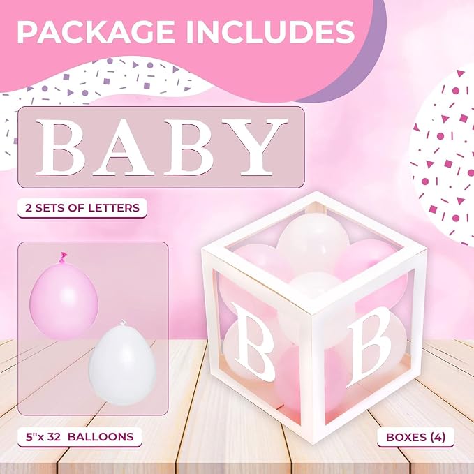 44-Piece Baby Shower Decorations for Boy or Girl - 4 Boxes with Letters and 32 Balloons - Classic White and Pink - Gender Reveal Party Supplies - Photo Shoot Backdrop Prop