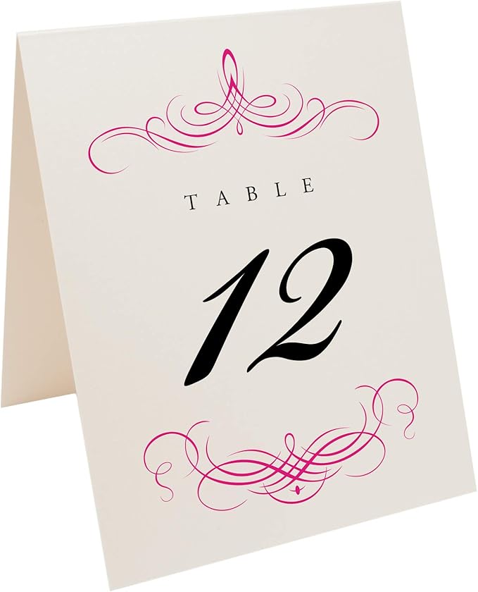 Decadent Flourish Wedding Table Numbers (Select Color/Quantity), Champagne, Fuschia, 1-15, Double Sided, Tent or Use in a Stand, Great for Parties & Restaurants - Made in the USA