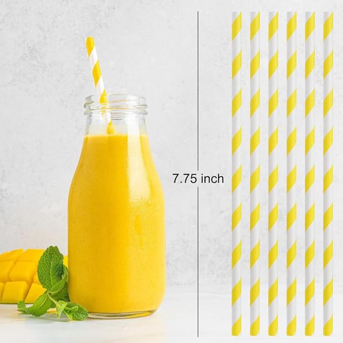 ALINK 100 Yellow Stripes Paper Straws, Biodegradable Disposable Drinking Straws for Christmas, Brithday, New Year, Party Decoration Supplies