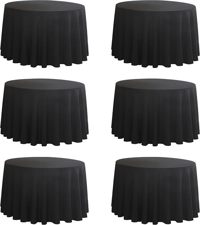 6-Pack Round 90-inch Black Table Cloths, Solid Stain and Wrinkle Resistant Circular Tablecloth, Premium Plain Weave Polyester Fabric Table Linen Covers for Hotel, Banquet