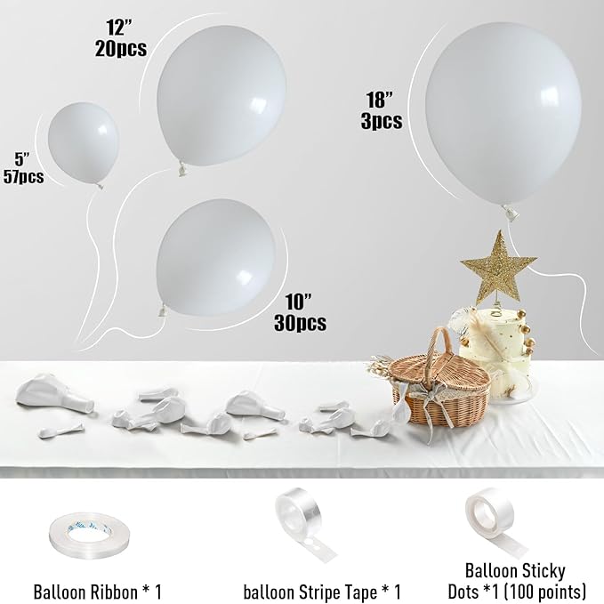 Jobkoo White Balloons 113Pcs Arch Garland Kit 5/10/12/18Inch Matte White Helium Party Balloons Latex for Birthday Engagement Decorations