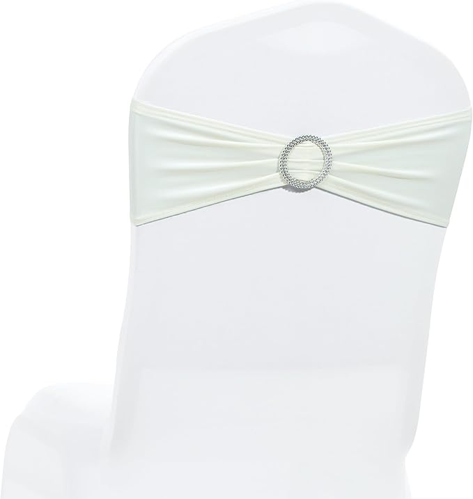 MDS Pack of 50 Spandex Chair Sashes Bow Premium Stretch Chair Cover Band with Buckle Slider Universal fits Elastic Dining Chair Ties for Wedding Party Banquet Events Decoration - Ivory