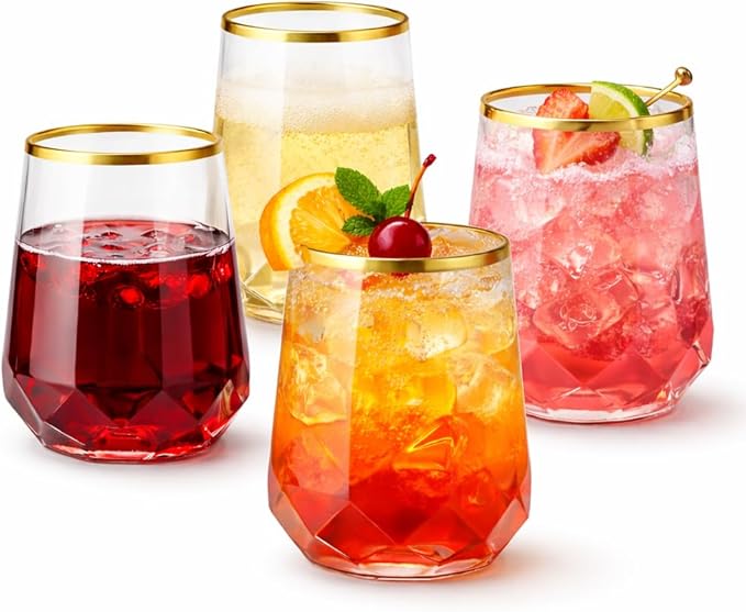 Oojami 40 Pack Disposable Plastic Wine Glasses 12oz Gold Rim - Diamond Stemless Cups for Champagne Whiskey Cocktail Unbreakable Shatterproof BPA-Free Reusable Recyclable for Wedding Birthday Party