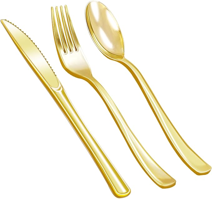 Zcaukya 200 Pieces Gold Plastic Silverware Set, Disposable Cutlery Set Including 100 Forks, 50 Knives and 50 Spoons, Eating Implements Flatware in Bulk for Dinner, Weddings and Birthday Parties