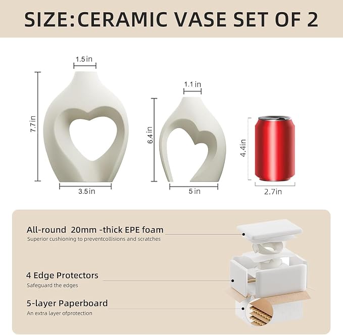 White Ceramic Flower Vases Table Decor Heart Shaped Vase Set of 2 | Nordic Heart Shaped Vases Minimalist Decorative Vase for Table Centerpiece Wedding Dining Living Room Office House Decoration