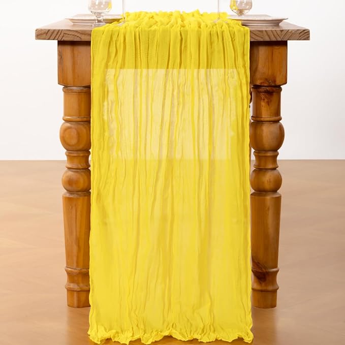 DeZerlor Lemon Yellow Cheesecloth Table Runner Spring Easter Table Runner Boho Gauze 120 Inches Yellow Cheese Cloth Table Decor for Wedding Bridal Baby Shower Parties