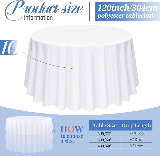Pesonlook 10 Pack 120 Inch White Round Table Cloths, Premium Polyester Round Tablecloth Wrinkle Resistant Washable TableCover for Wedding, Party, Dining,Banquet,Buffet Table