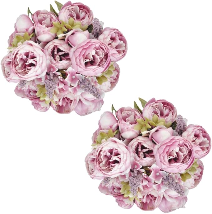 2 Packs Artificial Peony Flowers Silk Peonies Fake Flower Bouquet Arrangements for Home Wedding Party Decoration (Sweetened Bean)