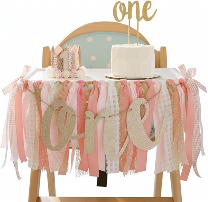 PapaKit Girls 1st Birthday High Chair Premium Decoration Set - Pink & Gold Ribbon Garland, Crown, One Banner & Cake Topper | Coquette Fairy Princess Theme | Smash Cake Photo Prop Backdrop