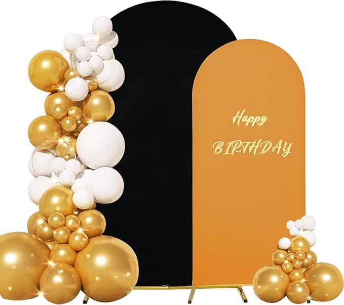Set of 2 Spandex Fitted Arch Backdrop Cover Wedding Arch Cover Round Top Chiara Arch Backdrop Stand Covers for Birthday Party Baby Shower Wedding Arch Decor（6.6 FT Gold, 7.2 FT Black）