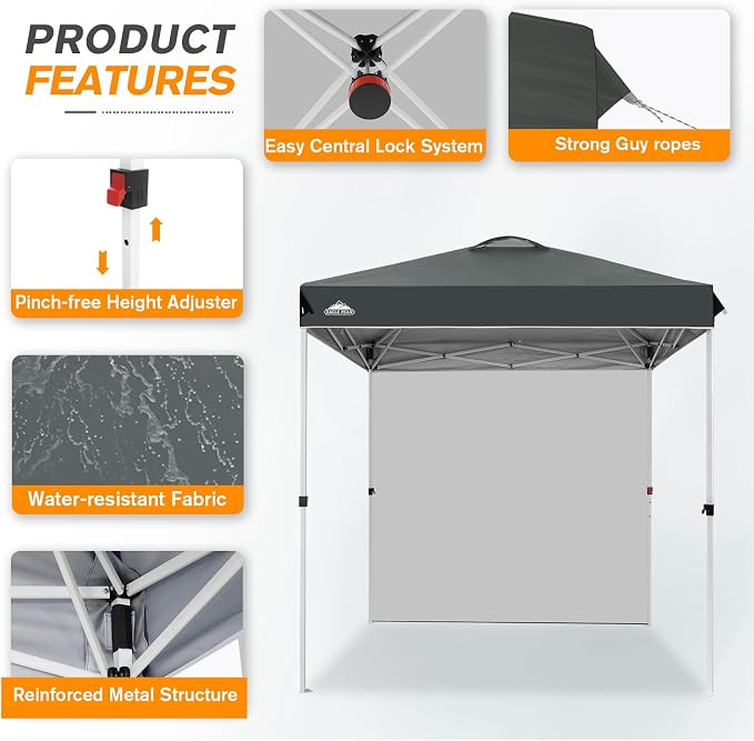 EAGLE PEAK Commercial Canopy 6.6x6.6 Pop Up Canopy Tent with 1 Sidewall, Easy Setup Heavy Duty Instant Event Shelter for Vendors & Markets, Outdoor Sun Shade, Gray
