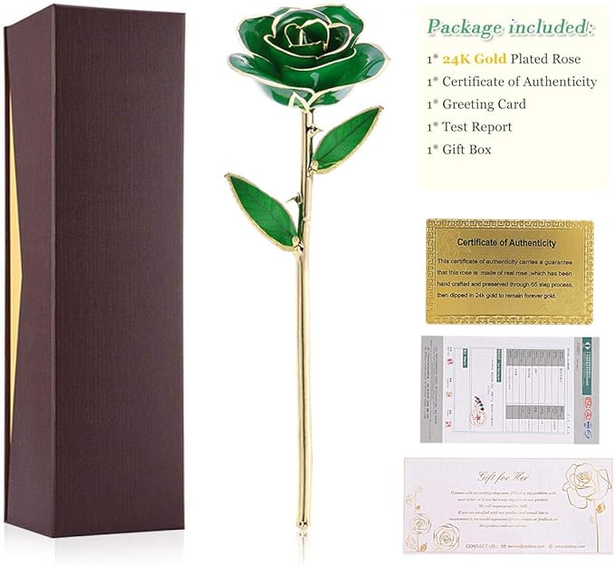 24K Gold Dipped Real Rose Valentines Flower, Golden Friend Romantic Love Girlfriend Confidante Wife Mom Grandma on Birthday Sweetest Day Halloween Thanksgiving, Green