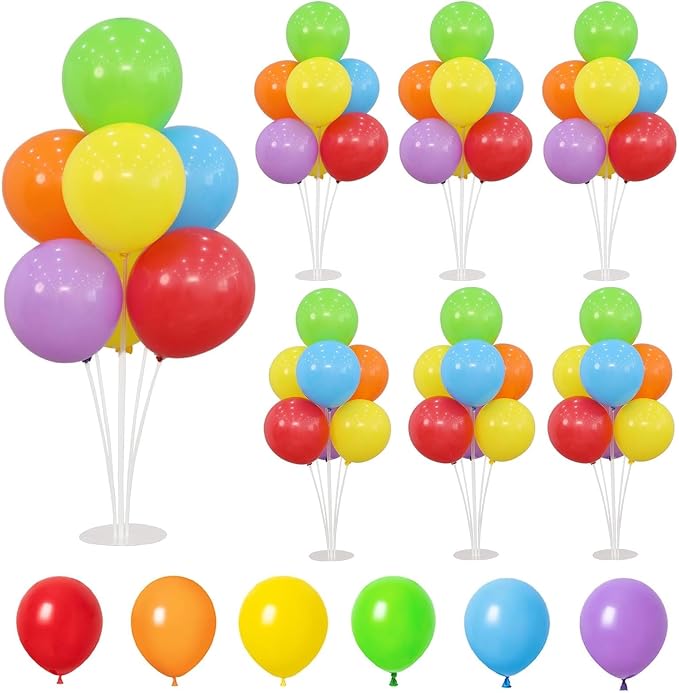 6 Balloon Stand Kit for Table Centerpieces with Balloon and Base Rainbow Balloons Holder Birthday Retirement Graduation Wedding Gender Reveal Party Baby Shower Decorations