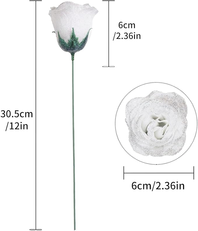 Fake Roses,30PCS White Glitter Flowers Bouquet Artificial Roses with Stems for Wedding Party Christmas Home Decor(White with Silver Glitter)