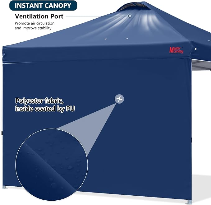 MASTERCANOPY 10x10 Pop Up Canopy Tent with 1 Sidewall, 1 Person Setup Instant Shelter, Outdoor Portable Beach Canopy, 1 Roller Bag, 4 Sandbags, 4 Ropes, 8 Stakes (10x10, Navy Blue)