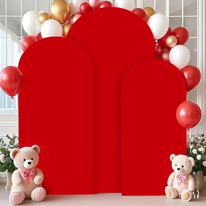 FANPROMS Arch Covers Set of 3 Red Wedding Arch Cover 7.2FT 6.6FT 6FT Arch Spandex Covers for Metal Frame Stand Balloon Arched Stand Cover Round Top Backdrop Fabric for Wedding Birthday Party Decor