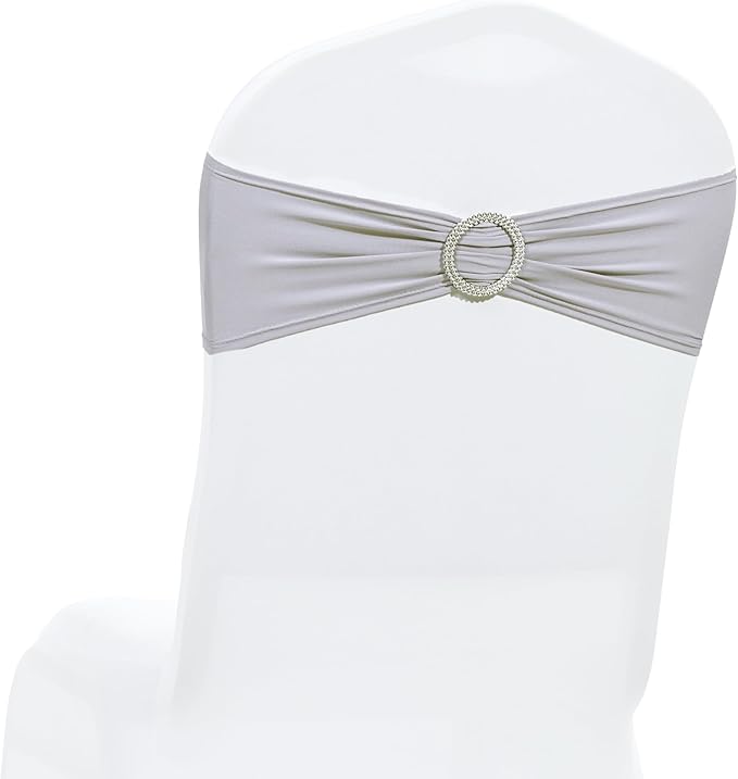 MDS Pack of 50 Spandex Chair Sashes Bow Premium Stretch Chair Cover Band with Buckle Slider Universal fits Elastic Dining Chair Ties for Wedding Party Banquet Events Decoration - Light Silver