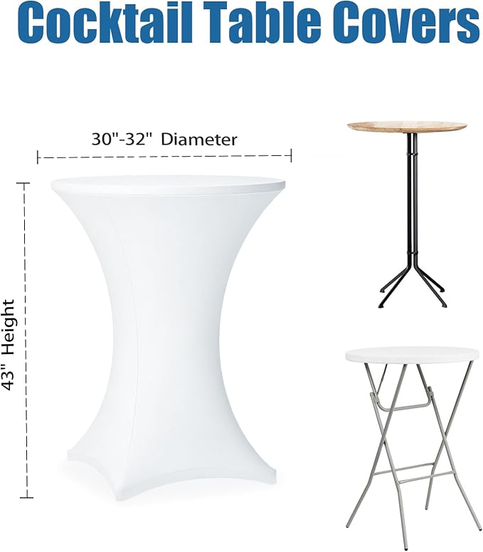 Cocktail Table Covers - 2 Pack 32x43 Inch Table Cloth - White Fitted Stretch Spandex Round High Top Tablecloth for Party, Bar, Birthday, Pub, Banquet