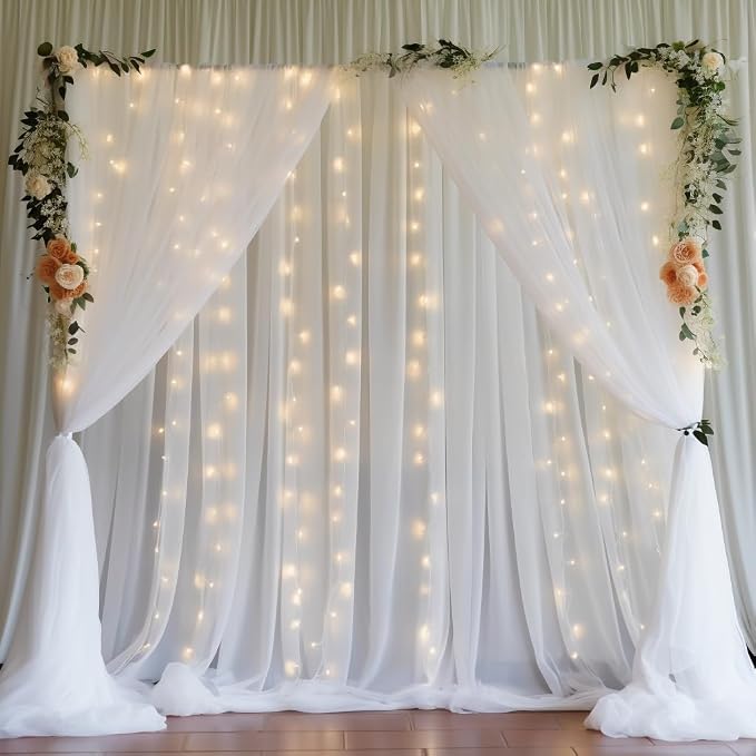 10x8ft White Tulle Backdrop Curtain with Lights String for Parites, Sheer Backdrop Curtains for Wedding Baby Shower Birthday Party Photo Shoot Decorations