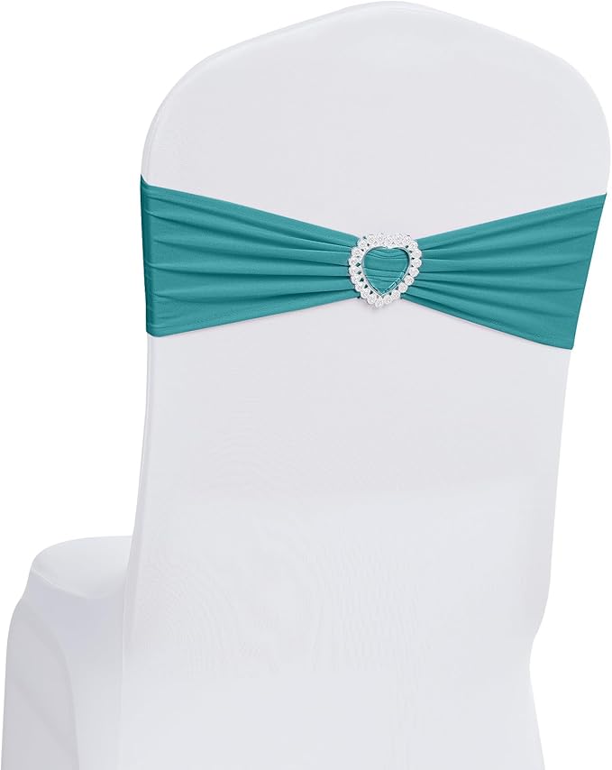 Howhic Pack of 120 Spandex Chair Sashes Bows Stretch Chair Cover Band with Buckle Slider Universal Elastic Chair Ties for Wedding Banquet Party Event Decoration (Turquoise)