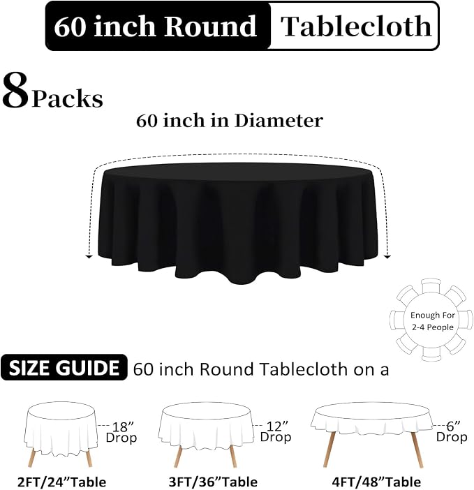 8 Pack Black Round Tablecloths 60 Inch Black Table Cloth (Fits 20-48 Inch Tables) Stain and Wrinkle Resistant Reusable and Washable Polyester Fabric for Buffet Wedding Party and Banquet