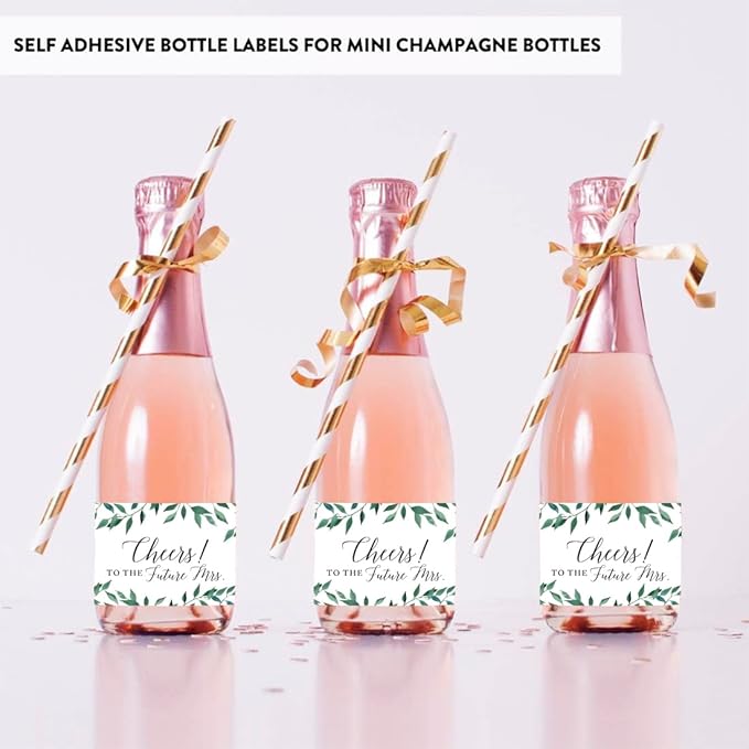 Andaz Press Bachelorette Mini Wine Labels for Bottles, Cheers! to The Future Mrs., Greenery Green Leaves 20-Pack Custom Mini Champagne Bottles Bulk Waterproof Mini Wine Bottle Labels