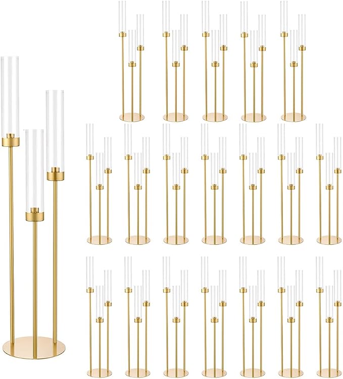 Vincidern 20pcs Gold Candelabra with Acrylic Lampshade, 3 Arm Taper Candle Holder, 33.8 in Tall Metal Candlestick for Table Centerpieces, Halloween, Christmas, Wedding Decor