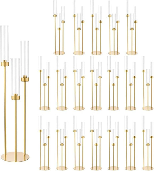 Vincidern 20pcs Gold Candelabra with Acrylic Lampshade, 3 Arm Taper Candle Holder, 33.8 in Tall Metal Candlestick for Table Centerpieces, Halloween, Christmas, Wedding Decor