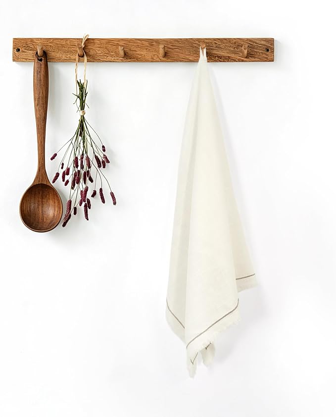 Linen World Dish Towels Set of 4, 20 x 28 Inch Linen Blend Kitchen Towel, Frayed Edge, Embroidered Border, Absorbent Large Tea Towels-Cream