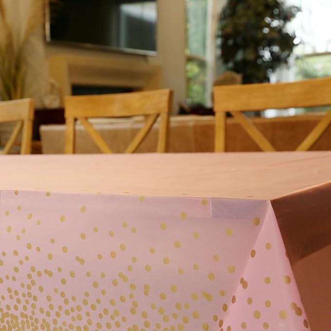 Plastic Tablecloth Roll – 54" x 100' Plastic Tablecloths for Parties Disposable with Cutter Box - Cut to Size Disposable Tablecloth for Rectangle & Round (Gold Dots-Pink)