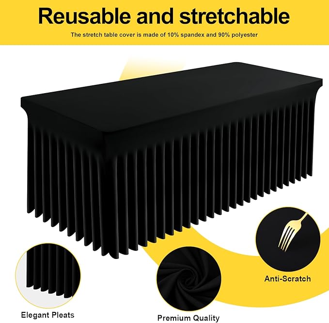 Smiry Spandex Tablecloth 2 Pack, Elastic Fitted Stretch Tablecloth for 5FT Rectangle Tables, Waterproof Washable Table Cover Skirt for Outdoor, Wedding, Banquet & Parties (Black, 60Lx36Wx30H Inch)