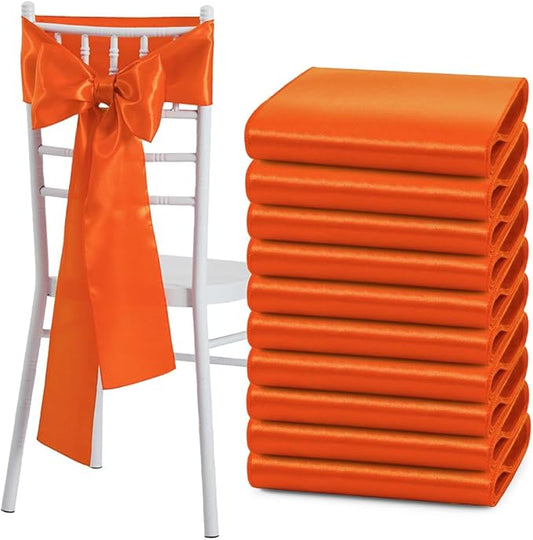 10 Pcs Orange Satin Chair Sashes Bows Universal Chair Cover for Wedding Reception Events Banquets Party, Hotel Event Decorations, 6 x 108 inch