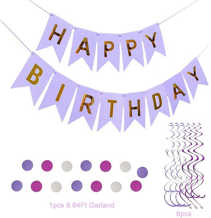 Birthday Party Decorations Kit Purple Violet & White, Happy Birthday Banner Garland Paper Pompoms, Flower Fans, Honeycom Ball , Lantern, Hanging Swirls, 20pcs