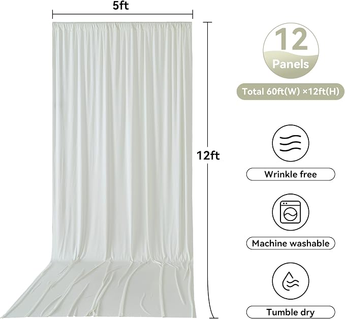 12 Panels 5x12ft Ivory Backdrop Curtains for Parties, Wrinkle Free Polyester Ivory Photo Backdrop Drapes 12 ft Long Back Drop Cloth for Wedding Birthday Photography Background Party
