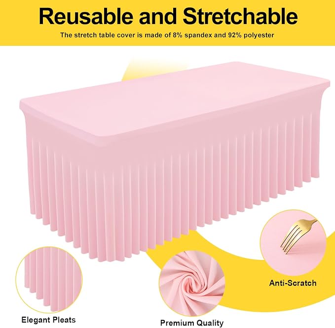 Smiry Spandex Tablecloth, Elastic Fitted Stretch Tablecloth for 6FT Rectangle Tables, Waterproof Washable Table Cover Skirt for Wedding, Banquet & Valentine's Day Parties (Pink, 72Lx30Wx30H Inch)