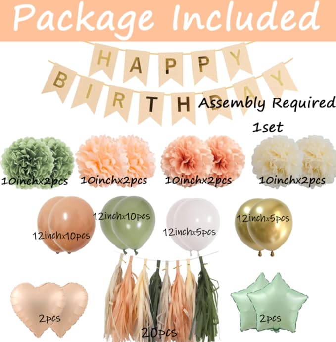 Sage Green and Peach Birthday Decorations -Pastel Orange Happy birthday Party Balloons for Women and Girls with Gold Banner Tassel Garland Tissue Pompoms (Sage Green + Peach)