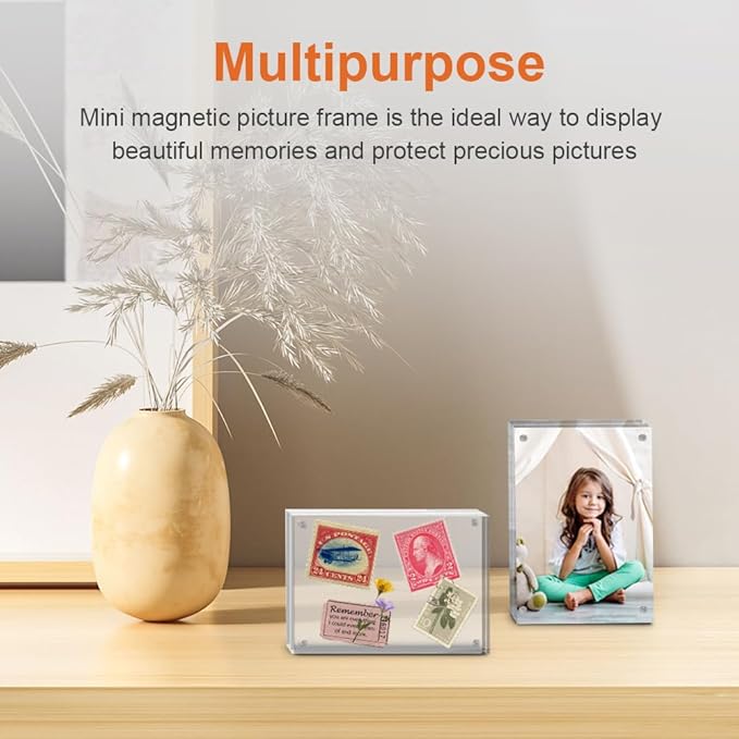 8 Pack Mini Acrylic Picture Frames 2.5 x 3.5 Inch Clear Acrylic Business Card Frame Double Sided Magnetic Photo Block Frames Wallet Size Desktop Display Stand for Office Home