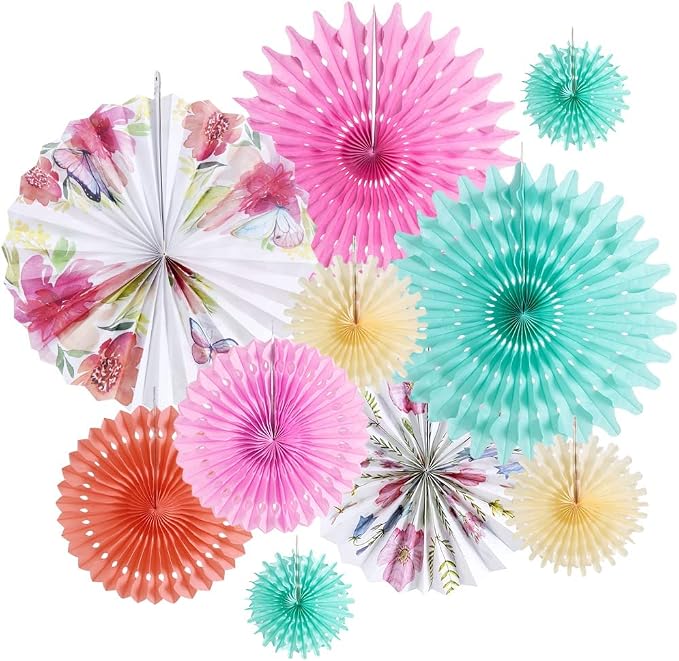 SUNBEAUTY Pack of 10 Paper Fans Decorations for Tea Party, Birthday, Baby Shower, Wedding, Spring; Paper Floral Backdrop Decor; Mint Green, Pink, White