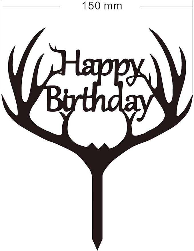 LOVENJOY Gift Boxed Antler Happy Birthday Cake Topper Black Frosted Acrylic, Hunting Birthday Cake Topper for Men Dad Hunter