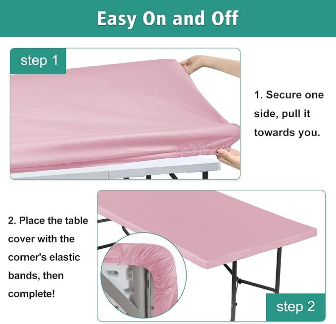 LUSHVIDA 6 Packs Vinyl Tablecloths with Flannel Backing for 8ft Rectangle Folding Table Cloths - Waterproof Plastic Picnic Table Covers with Elastic Corners, 30x96 inch, Pink