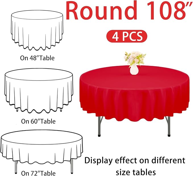 4 Pack Round Tablecloth 108 Inch Polyester Red Washable Fabric Table Covers for Wedding Dining Table Buffet Parties Banquet Decoration（Red）