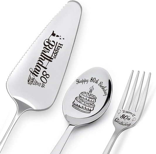 Happy 80th Birthday Personalized Laser-Engraved Stainless Steel Birthday Party Utensil Set - Cake Server, Spoon, and Fork for Mother Father Husband Wife Grandmother Grandfather