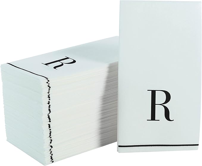Luxe Party 112 Pack Monogram Napkins | Letter R Initial | Disposable | Premium Airlaid | Linen Feel | Decorative Table Setting | Guest Towel Napkin | White and Black