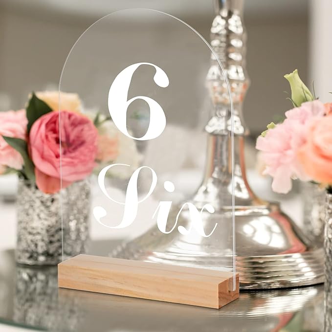 Unittype 36 Pack 5 x 7 Inch Clear Arch Acrylic Sign with Wooden Stands Round Top Blank Arch Acrylic Table Numbers Sign Ideal for DIY Menu Numbers and Name Card Wedding Party Reception