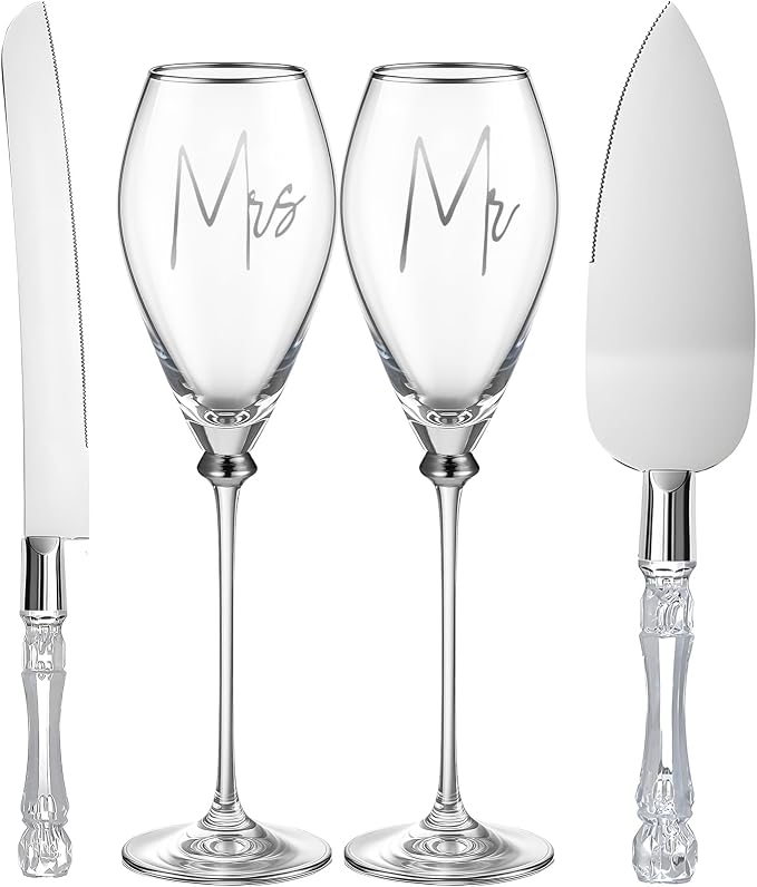 Boao 4 Pcs Wedding Cake Knife and Champagne Flutes Server Set, Wedding Reception Supplies Toasting Flutes Cylinder Champagne Glasses Cake Cutting Set for Engagement Gifts (Silver)