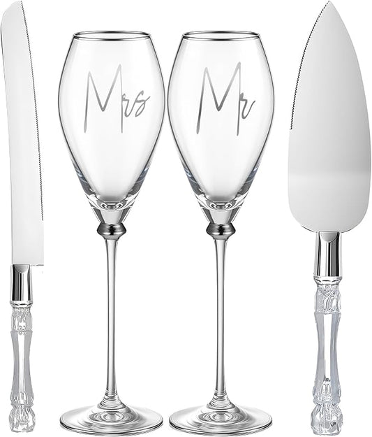 Boao 4 Pcs Wedding Cake Knife and Champagne Flutes Server Set, Wedding Reception Supplies Toasting Flutes Cylinder Champagne Glasses Cake Cutting Set for Engagement Gifts (Silver)